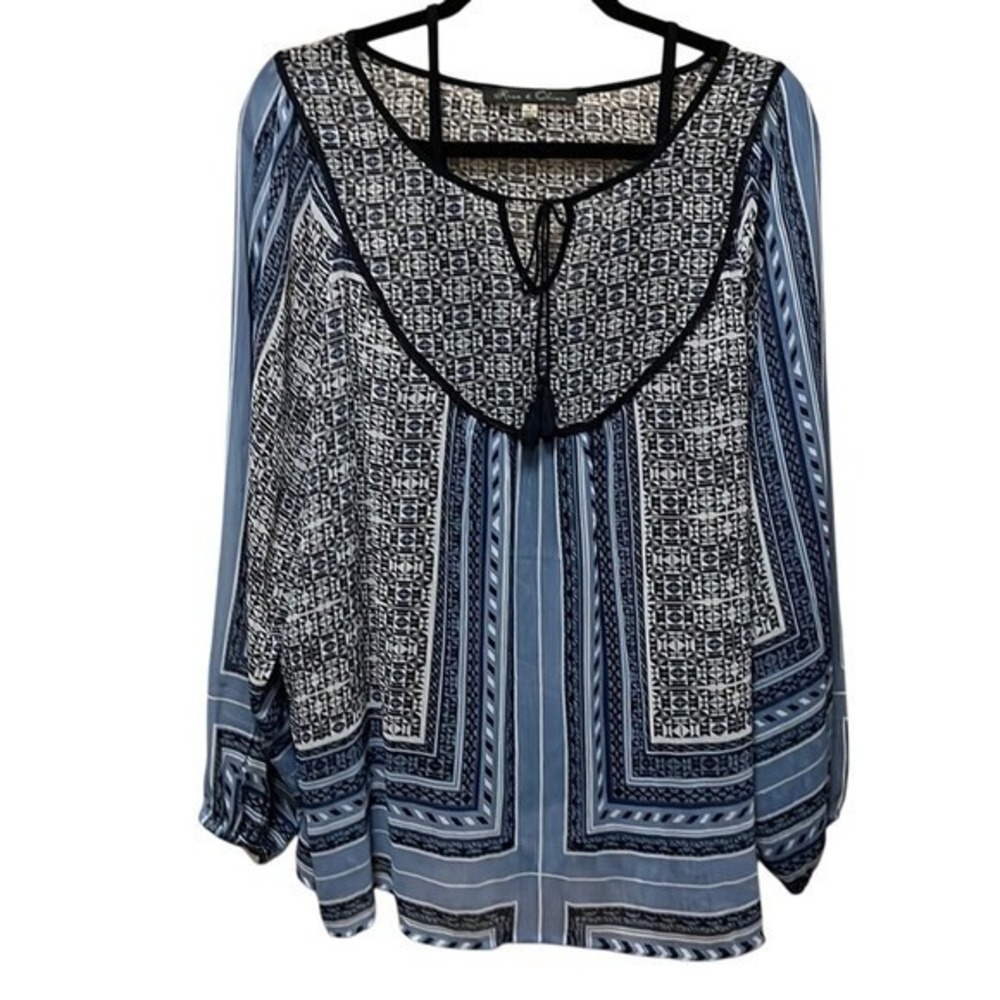 Rose & Olive Blouse Womens 1X Blue Geometric Tassel Tie Long Sleeve Boho Peasant